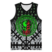 Flaming Skull Basketball Jersey with Green Runes and Norse Symbols Viking Warrior Tribute - Wonder Print Shop