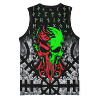 Flaming Skull Basketball Jersey with Green Runes and Norse Symbols Viking Warrior Tribute - Wonder Print Shop