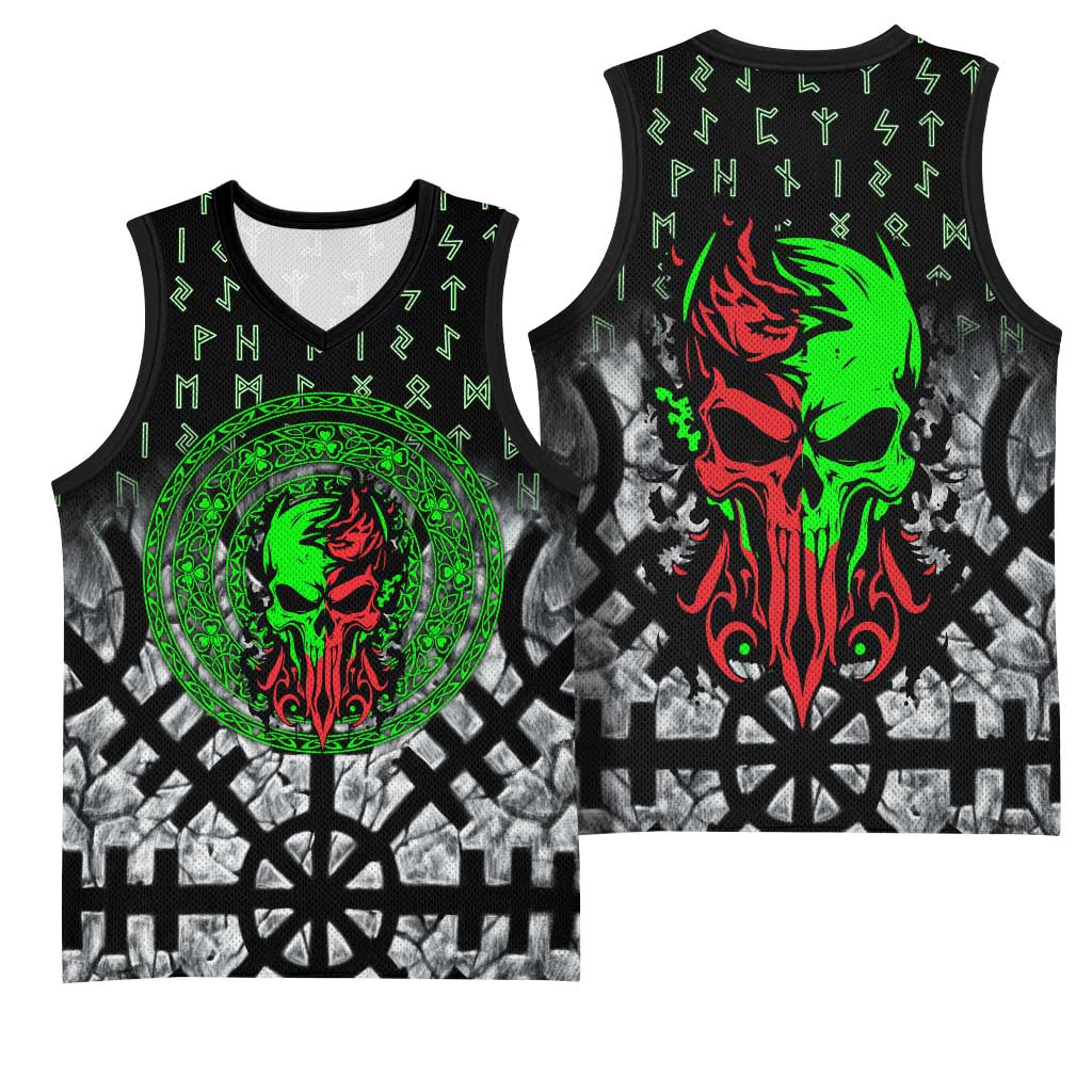 Flaming Skull Basketball Jersey with Green Runes and Norse Symbols Viking Warrior Tribute - Wonder Print Shop