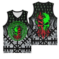 Flaming Skull Basketball Jersey with Green Runes and Norse Symbols Viking Warrior Tribute - Wonder Print Shop