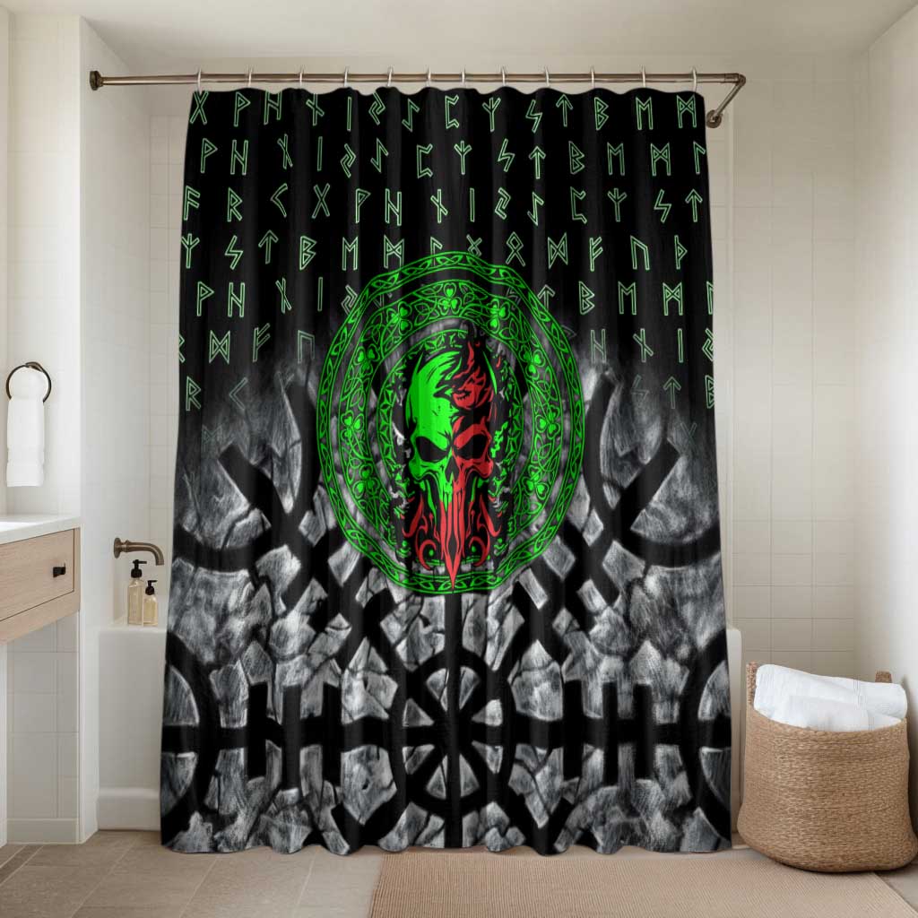 Flaming Skull Bathroom Set with Green Runes and Norse Symbols Viking Warrior Tribute - Wonder Print Shop