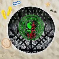Flaming Skull Beach Blanket with Green Runes and Norse Symbols Viking Warrior Tribute - Wonder Print Shop