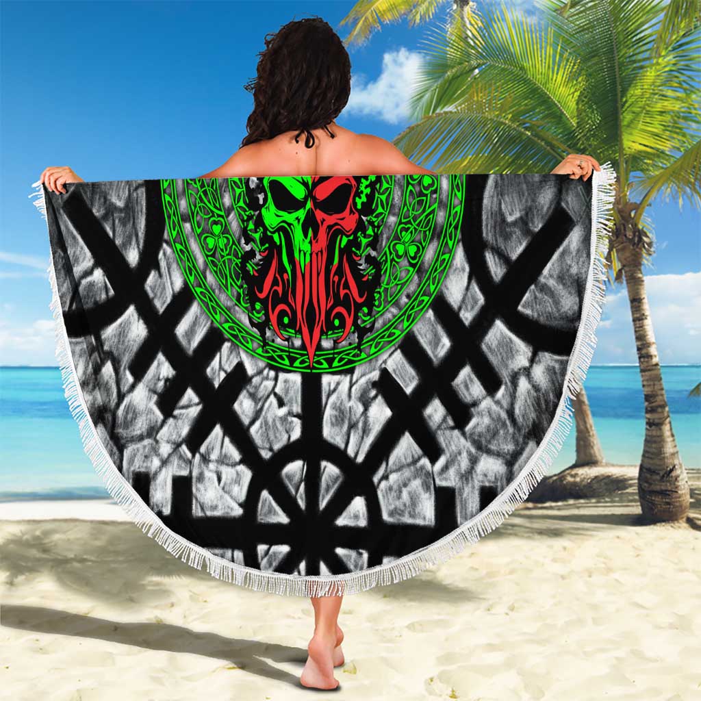 Flaming Skull Beach Blanket with Green Runes and Norse Symbols Viking Warrior Tribute - Wonder Print Shop