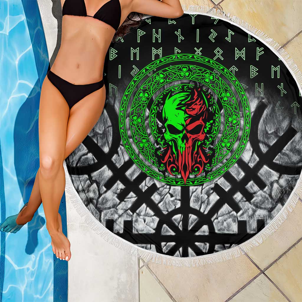 Flaming Skull Beach Blanket with Green Runes and Norse Symbols Viking Warrior Tribute - Wonder Print Shop