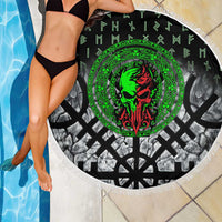 Flaming Skull Beach Blanket with Green Runes and Norse Symbols Viking Warrior Tribute - Wonder Print Shop