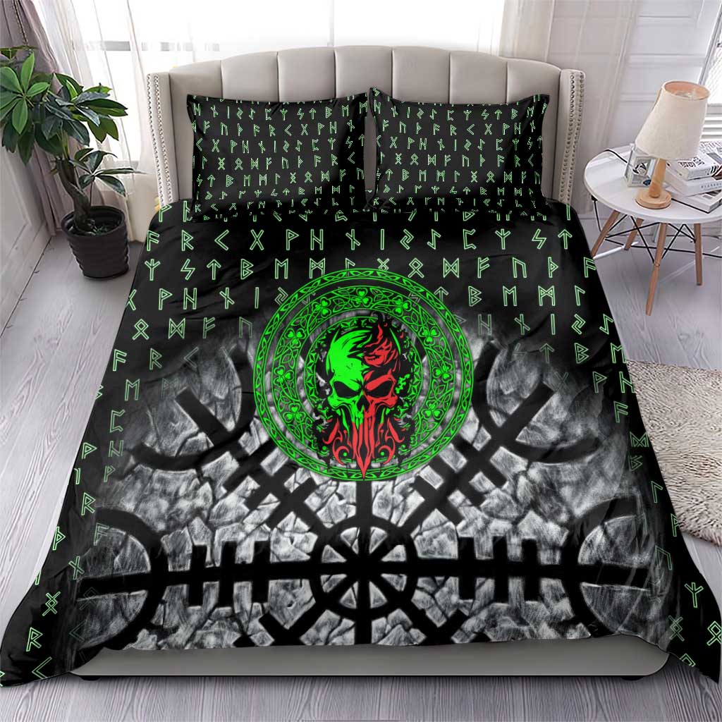 Flaming Skull Bedding Set with Green Runes and Norse Symbols Viking Warrior Tribute - Wonder Print Shop