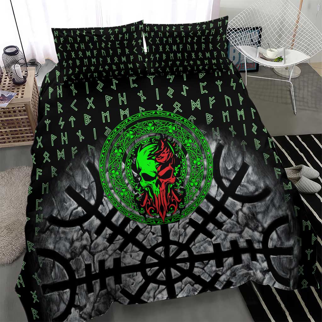 Flaming Skull Bedding Set with Green Runes and Norse Symbols Viking Warrior Tribute - Wonder Print Shop