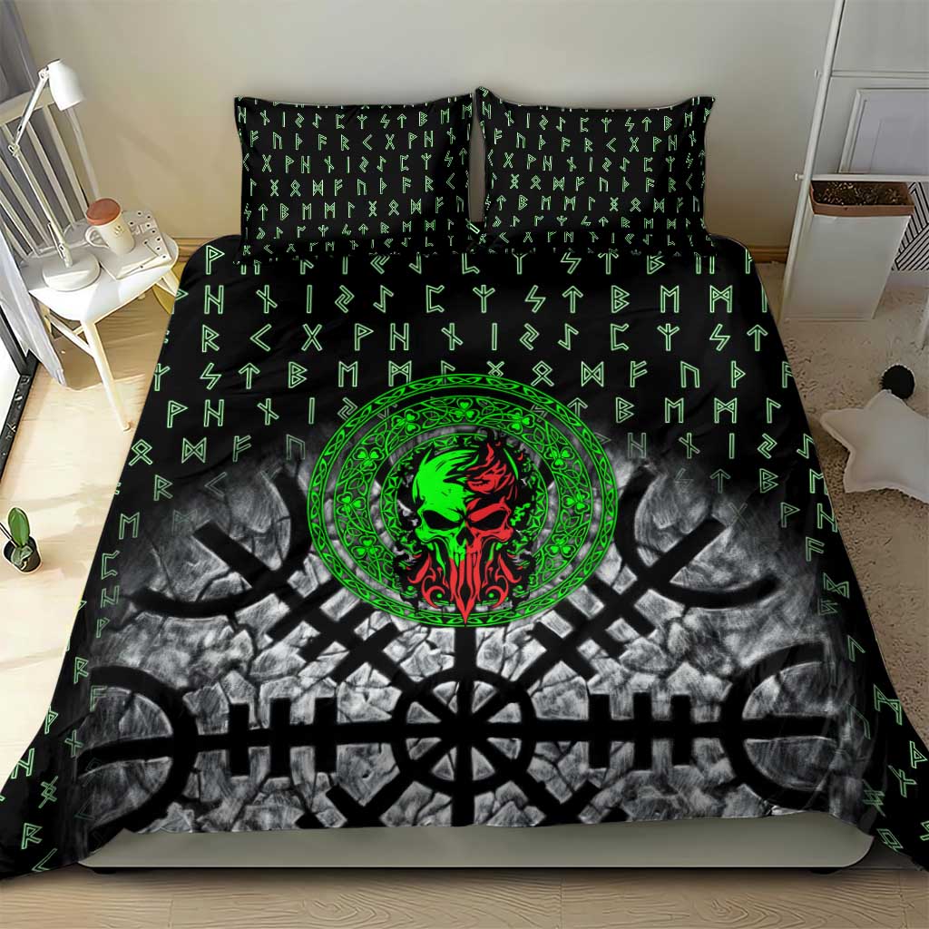 Flaming Skull Bedding Set with Green Runes and Norse Symbols Viking Warrior Tribute - Wonder Print Shop