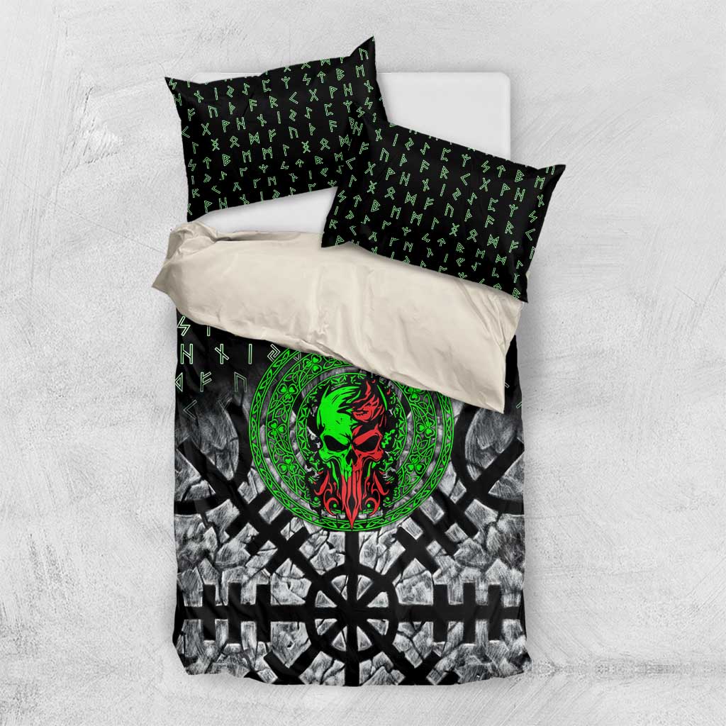 Flaming Skull Bedding Set with Green Runes and Norse Symbols Viking Warrior Tribute - Wonder Print Shop