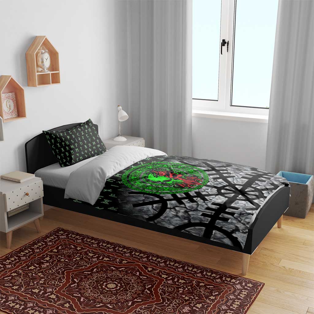 Flaming Skull Bedding Set with Green Runes and Norse Symbols Viking Warrior Tribute - Wonder Print Shop