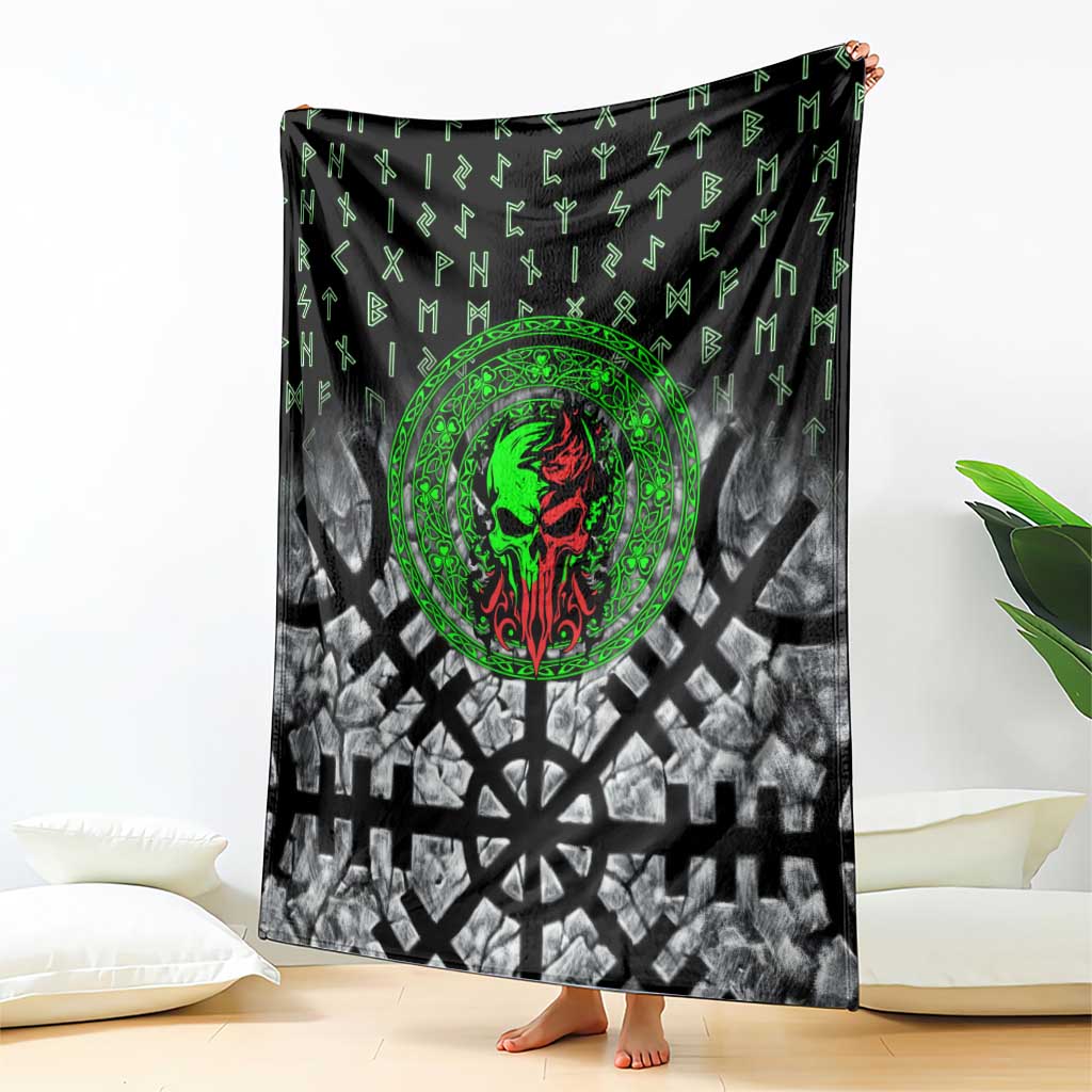 Flaming Skull Blanket with Green Runes and Norse Symbols Viking Warrior Tribute - Wonder Print Shop