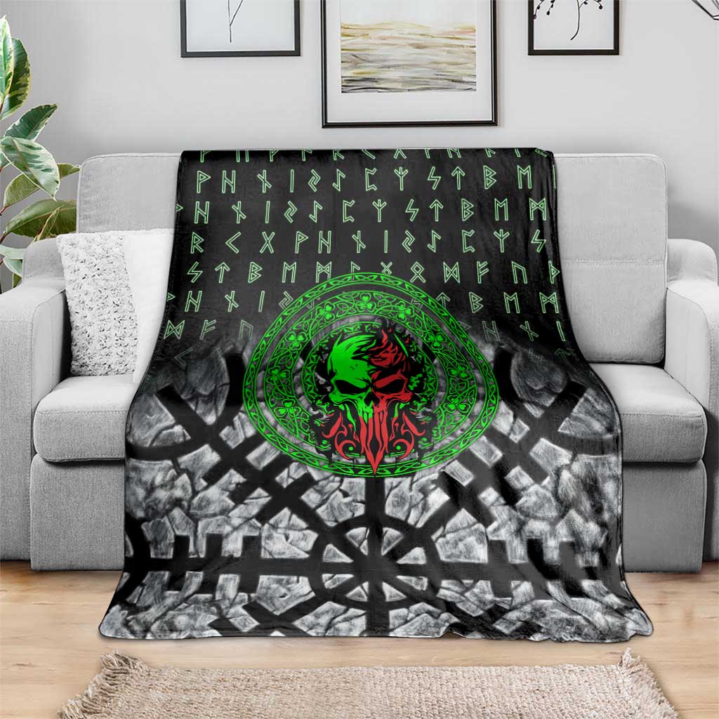 Flaming Skull Blanket with Green Runes and Norse Symbols Viking Warrior Tribute - Wonder Print Shop