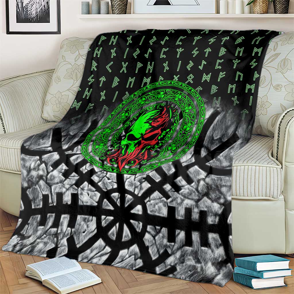 Flaming Skull Blanket with Green Runes and Norse Symbols Viking Warrior Tribute - Wonder Print Shop