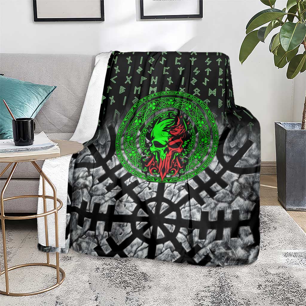 Flaming Skull Blanket with Green Runes and Norse Symbols Viking Warrior Tribute - Wonder Print Shop