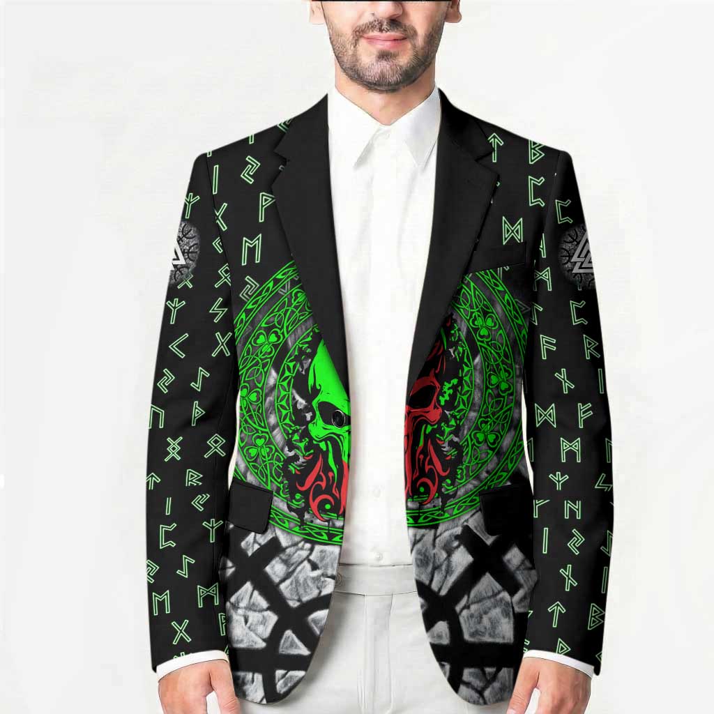 Flaming Skull Blazer with Green Runes and Norse Symbols Viking Warrior Tribute - Wonder Print Shop