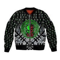Flaming Skull Bomber Jacket with Green Runes and Norse Symbols Viking Warrior Tribute - Wonder Print Shop