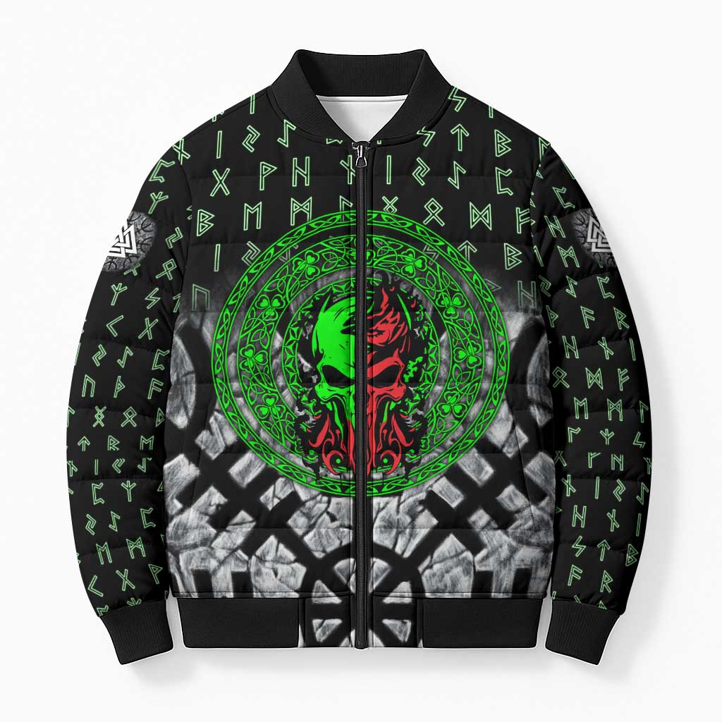 Flaming Skull Bomber Puffer Jacket with Green Runes and Norse Symbols Viking Warrior Tribute - Wonder Print Shop