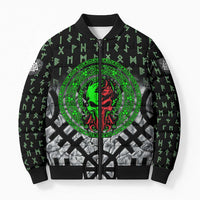 Flaming Skull Bomber Puffer Jacket with Green Runes and Norse Symbols Viking Warrior Tribute - Wonder Print Shop