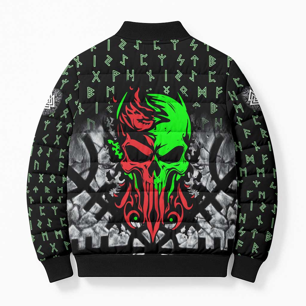 Flaming Skull Bomber Puffer Jacket with Green Runes and Norse Symbols Viking Warrior Tribute - Wonder Print Shop