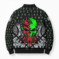 Flaming Skull Bomber Puffer Jacket with Green Runes and Norse Symbols Viking Warrior Tribute - Wonder Print Shop