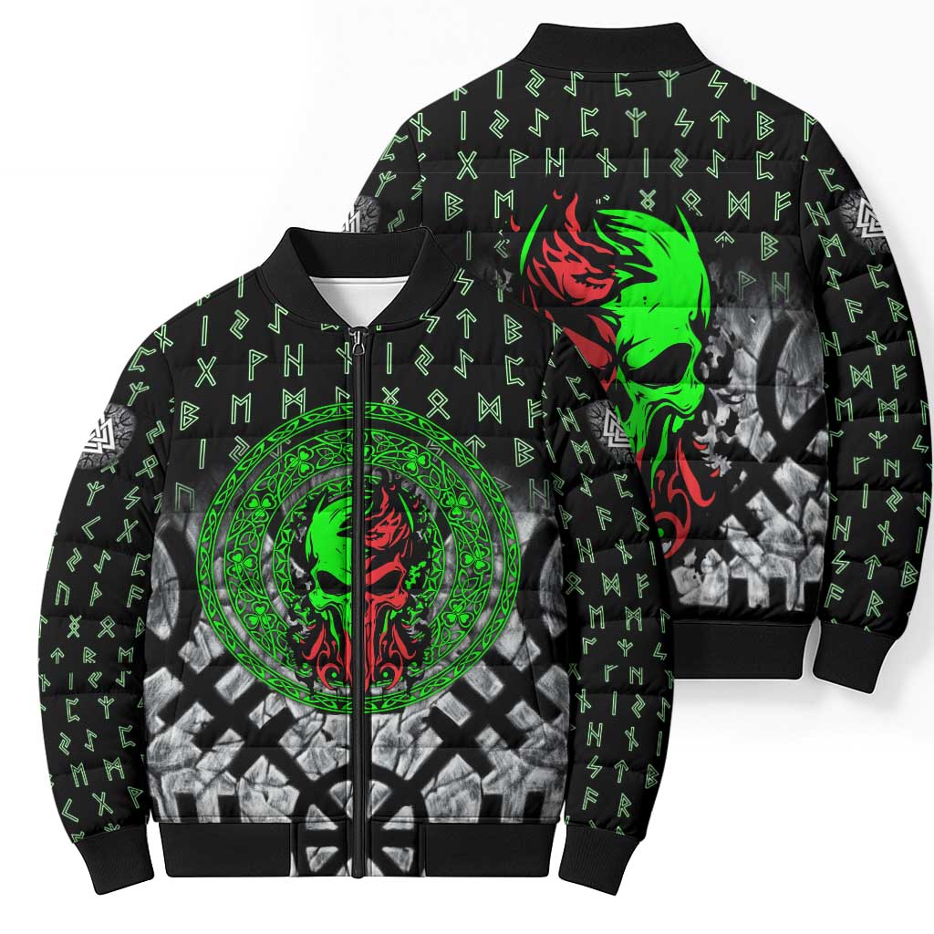 Flaming Skull Bomber Puffer Jacket with Green Runes and Norse Symbols Viking Warrior Tribute - Wonder Print Shop