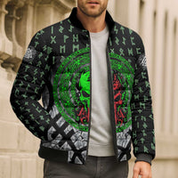 Flaming Skull Bomber Puffer Jacket with Green Runes and Norse Symbols Viking Warrior Tribute - Wonder Print Shop