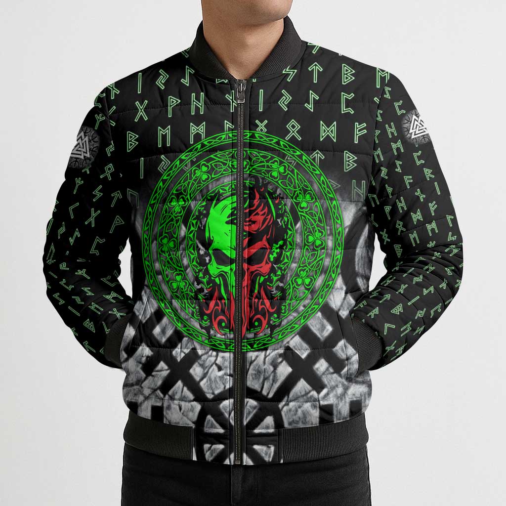 Flaming Skull Bomber Puffer Jacket with Green Runes and Norse Symbols Viking Warrior Tribute - Wonder Print Shop