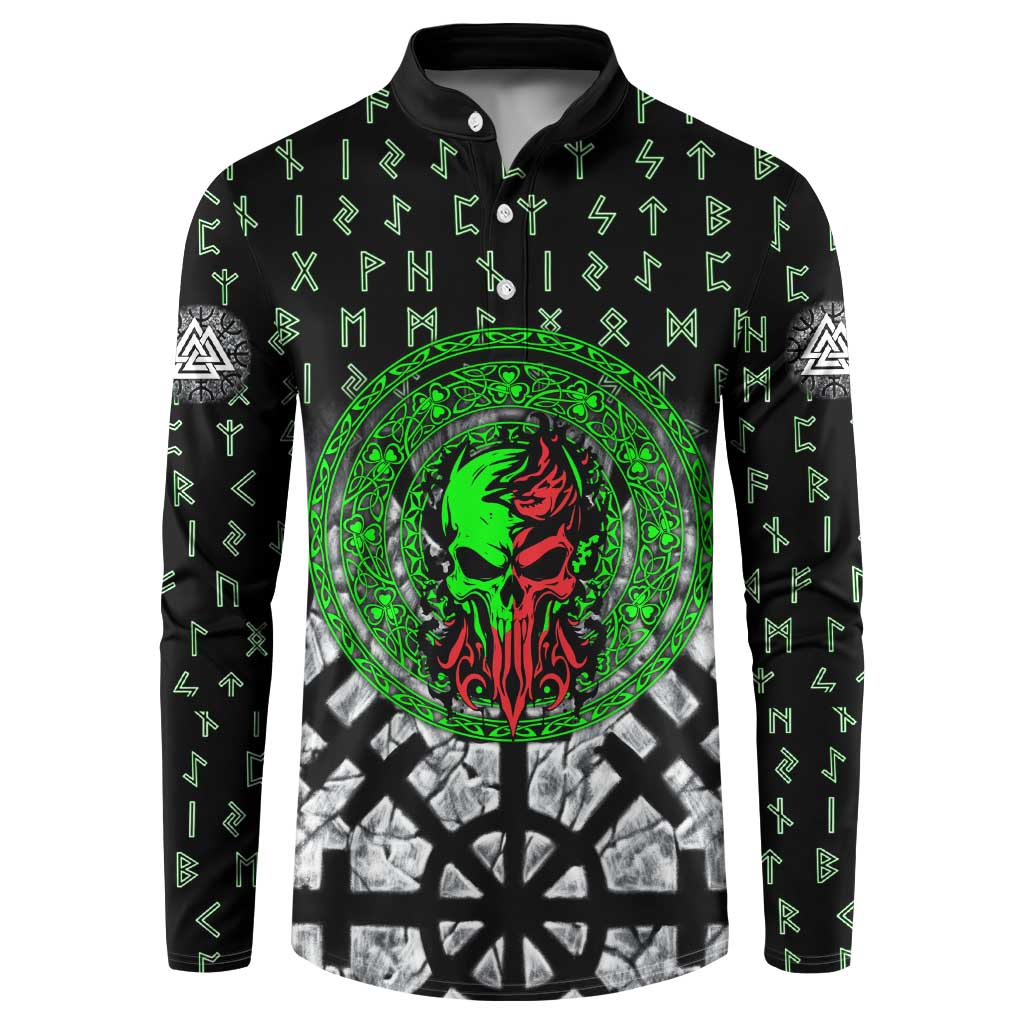 Flaming Skull Button Sweatshirt with Green Runes and Norse Symbols Viking Warrior Tribute - Wonder Print Shop