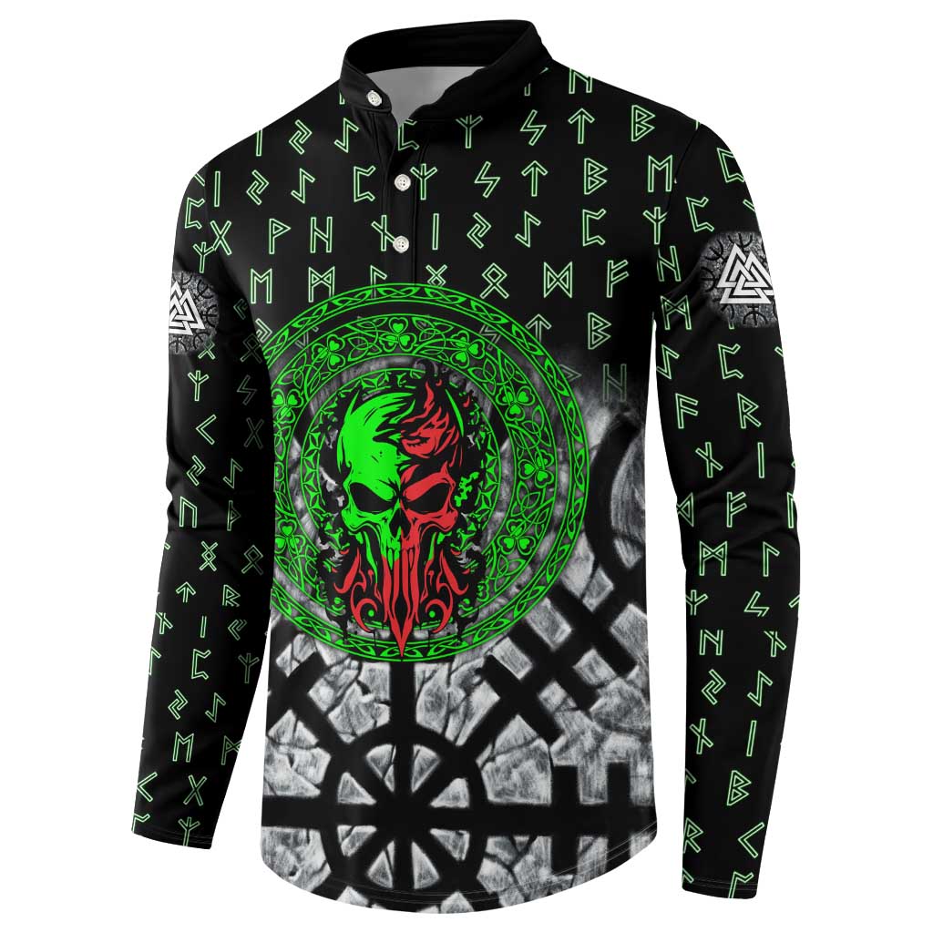 Flaming Skull Button Sweatshirt with Green Runes and Norse Symbols Viking Warrior Tribute - Wonder Print Shop