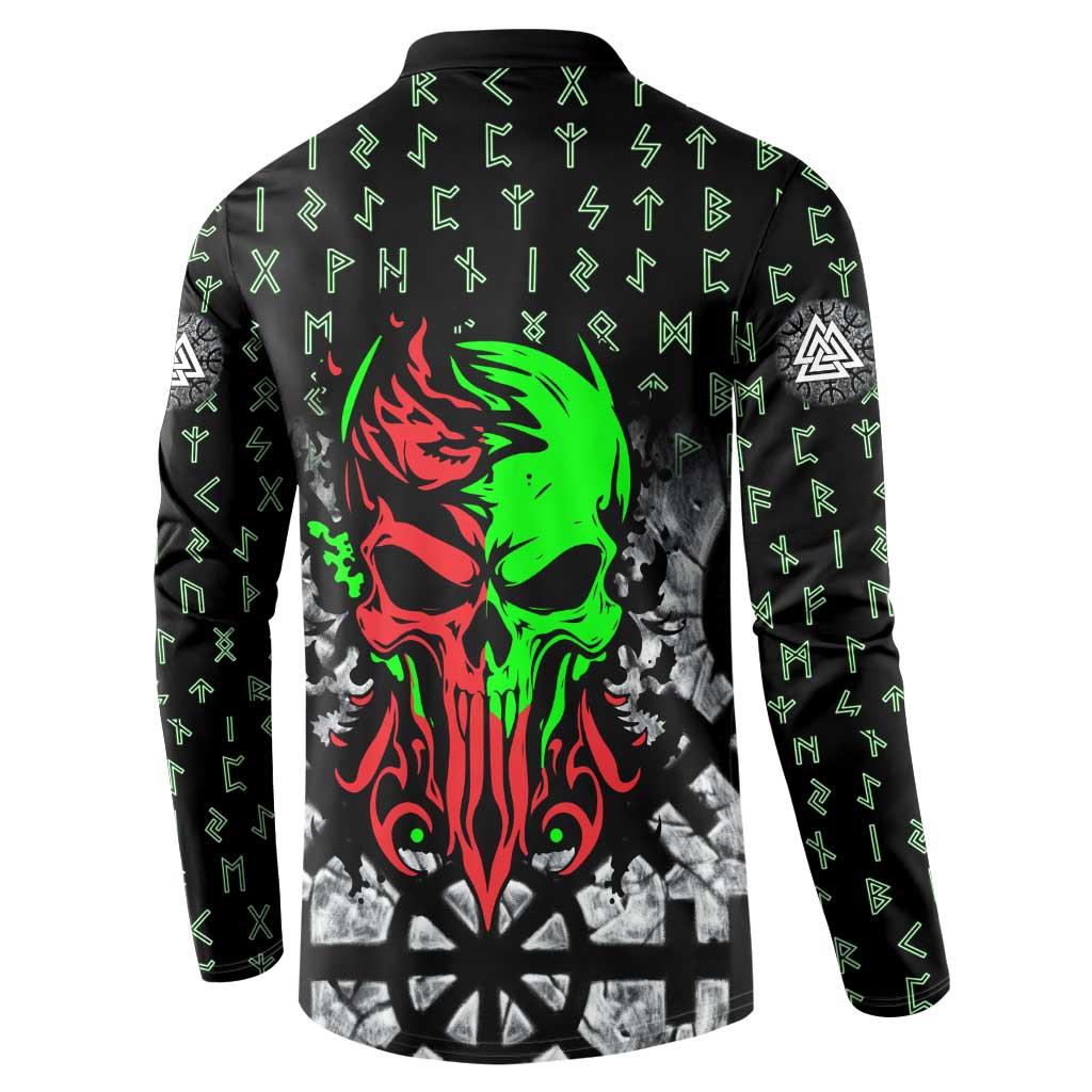 Flaming Skull Button Sweatshirt with Green Runes and Norse Symbols Viking Warrior Tribute - Wonder Print Shop