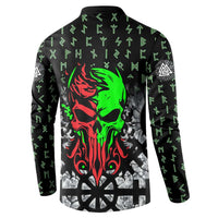 Flaming Skull Button Sweatshirt with Green Runes and Norse Symbols Viking Warrior Tribute - Wonder Print Shop