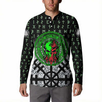 Flaming Skull Button Sweatshirt with Green Runes and Norse Symbols Viking Warrior Tribute - Wonder Print Shop