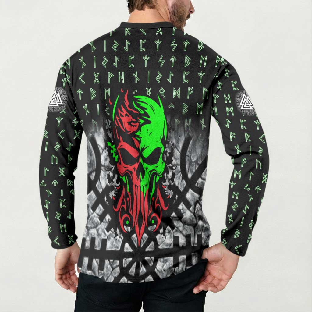 Flaming Skull Button Sweatshirt with Green Runes and Norse Symbols Viking Warrior Tribute - Wonder Print Shop