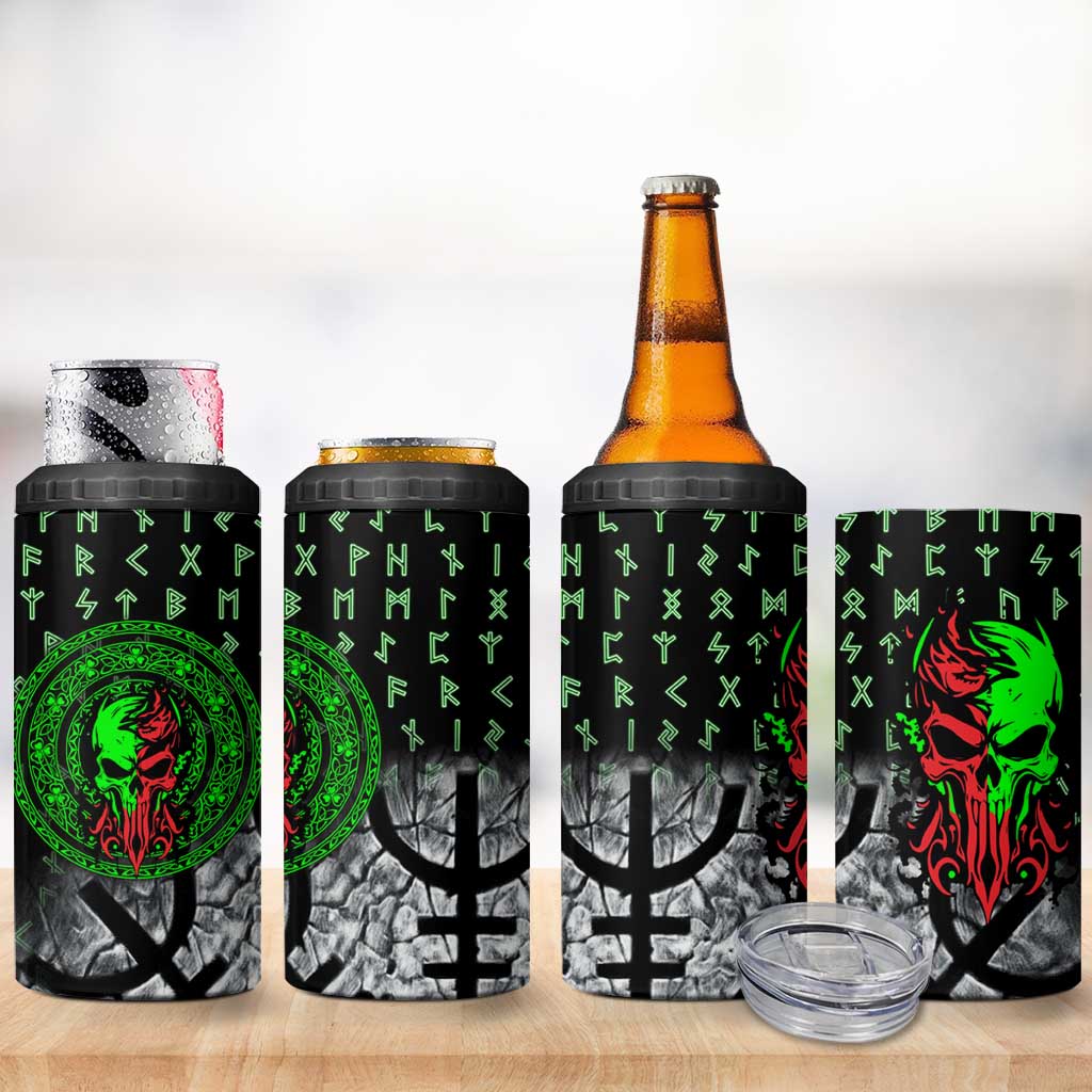 Flaming Skull 4 in 1 Can Cooler Tumbler with Green Runes and Norse Symbols Viking Warrior Tribute - Wonder Print Shop