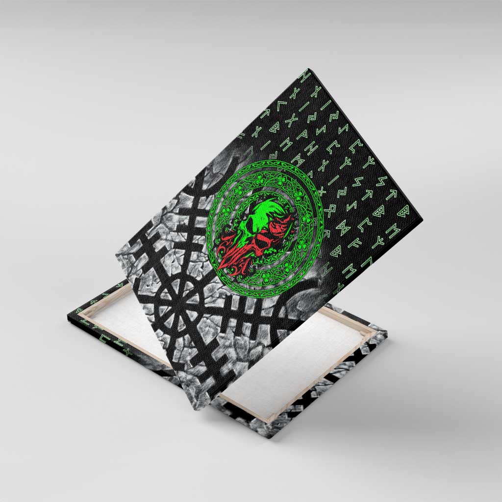 Flaming Skull Canvas Wall Art with Green Runes and Norse Symbols Viking Warrior Tribute - Wonder Print Shop
