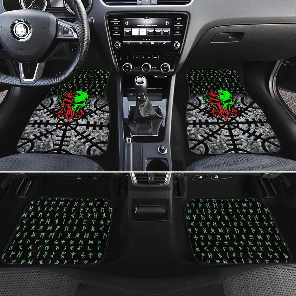 Flaming Skull Car Mats with Green Runes and Norse Symbols Viking Warrior Tribute - Wonder Print Shop