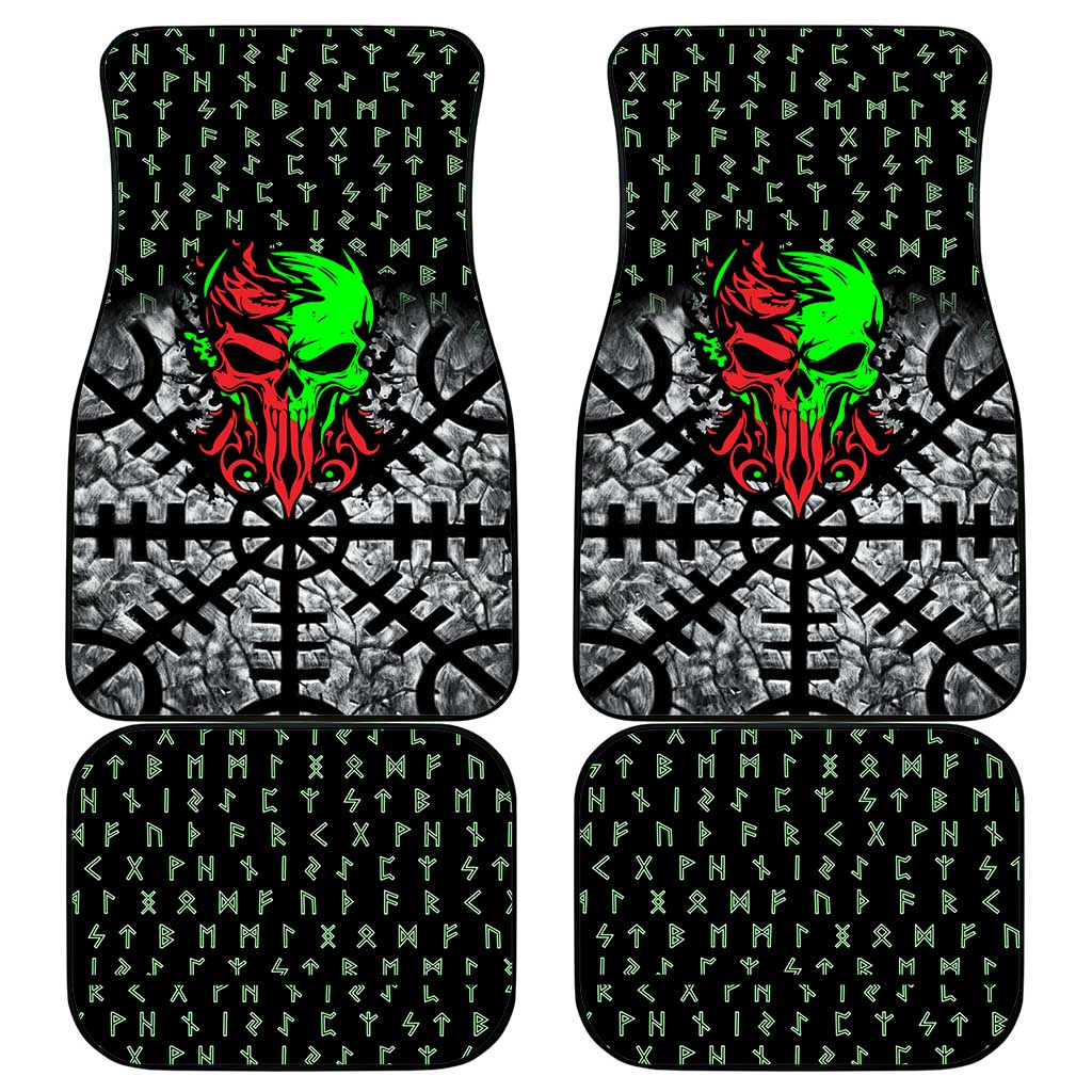 Flaming Skull Car Mats with Green Runes and Norse Symbols Viking Warrior Tribute - Wonder Print Shop