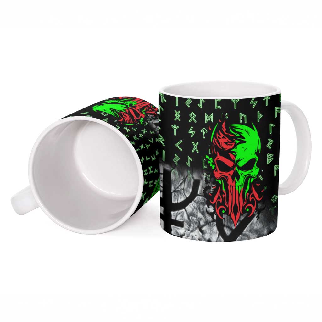 Flaming Skull Ceramic Mug with Green Runes and Norse Symbols Viking Warrior Tribute - Wonder Print Shop
