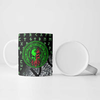 Flaming Skull Ceramic Mug with Green Runes and Norse Symbols Viking Warrior Tribute - Wonder Print Shop