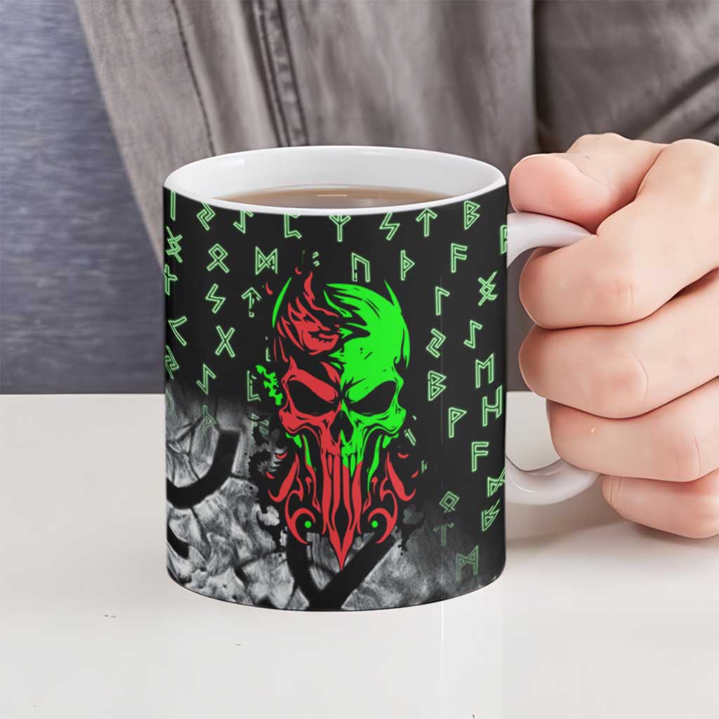 Flaming Skull Ceramic Mug with Green Runes and Norse Symbols Viking Warrior Tribute - Wonder Print Shop