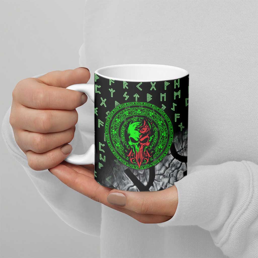 Flaming Skull Ceramic Mug with Green Runes and Norse Symbols Viking Warrior Tribute - Wonder Print Shop