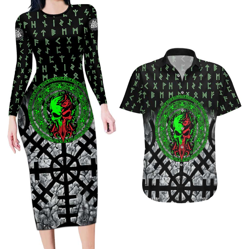 Flaming Skull Couples Matching Long Sleeve Bodycon Dress and Hawaiian Shirt with Green Runes and Norse Symbols Viking Warrior Tribute - Wonder Print Shop