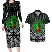 Flaming Skull Couples Matching Long Sleeve Bodycon Dress and Hawaiian Shirt with Green Runes and Norse Symbols Viking Warrior Tribute - Wonder Print Shop