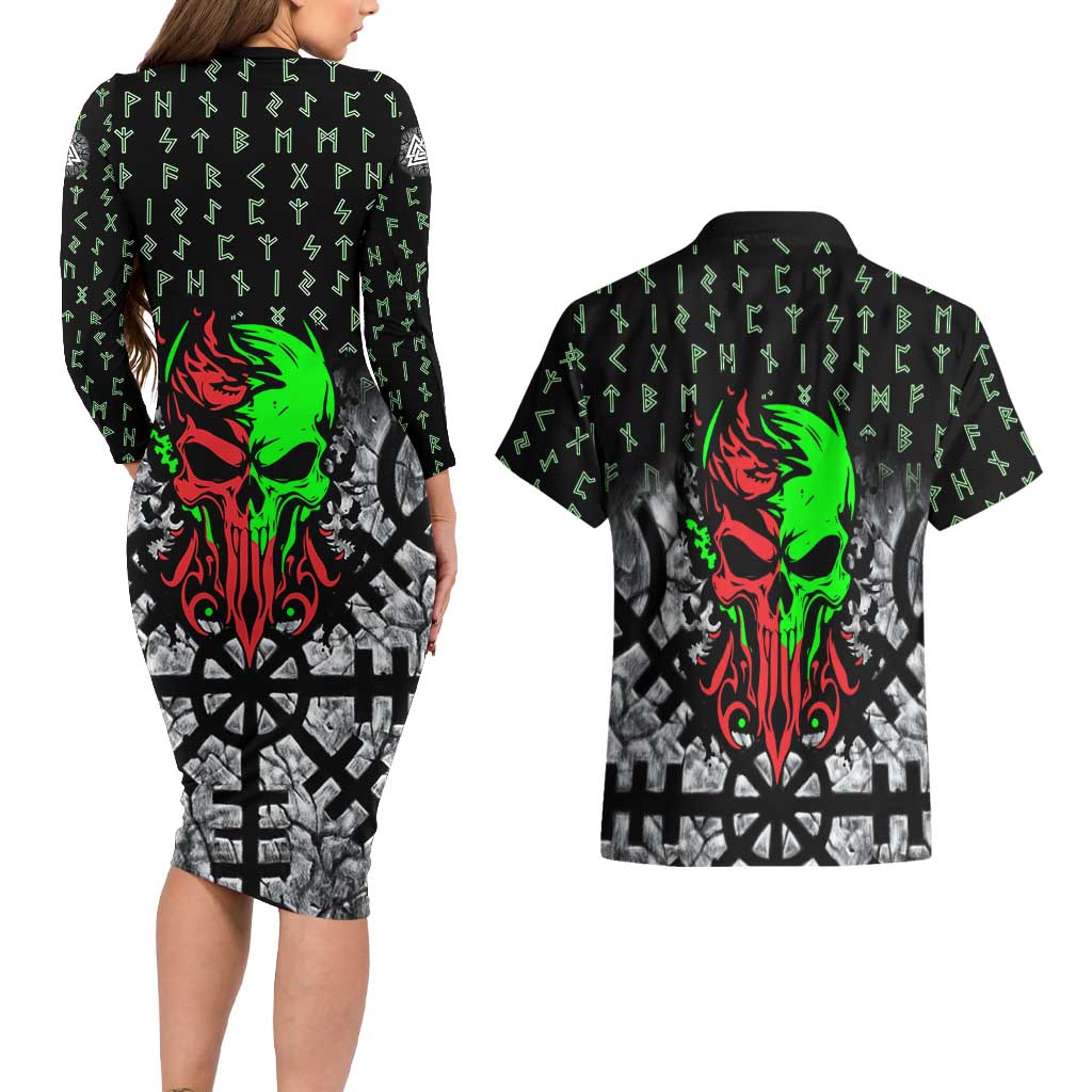 Flaming Skull Couples Matching Long Sleeve Bodycon Dress and Hawaiian Shirt with Green Runes and Norse Symbols Viking Warrior Tribute - Wonder Print Shop