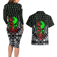 Flaming Skull Couples Matching Long Sleeve Bodycon Dress and Hawaiian Shirt with Green Runes and Norse Symbols Viking Warrior Tribute - Wonder Print Shop