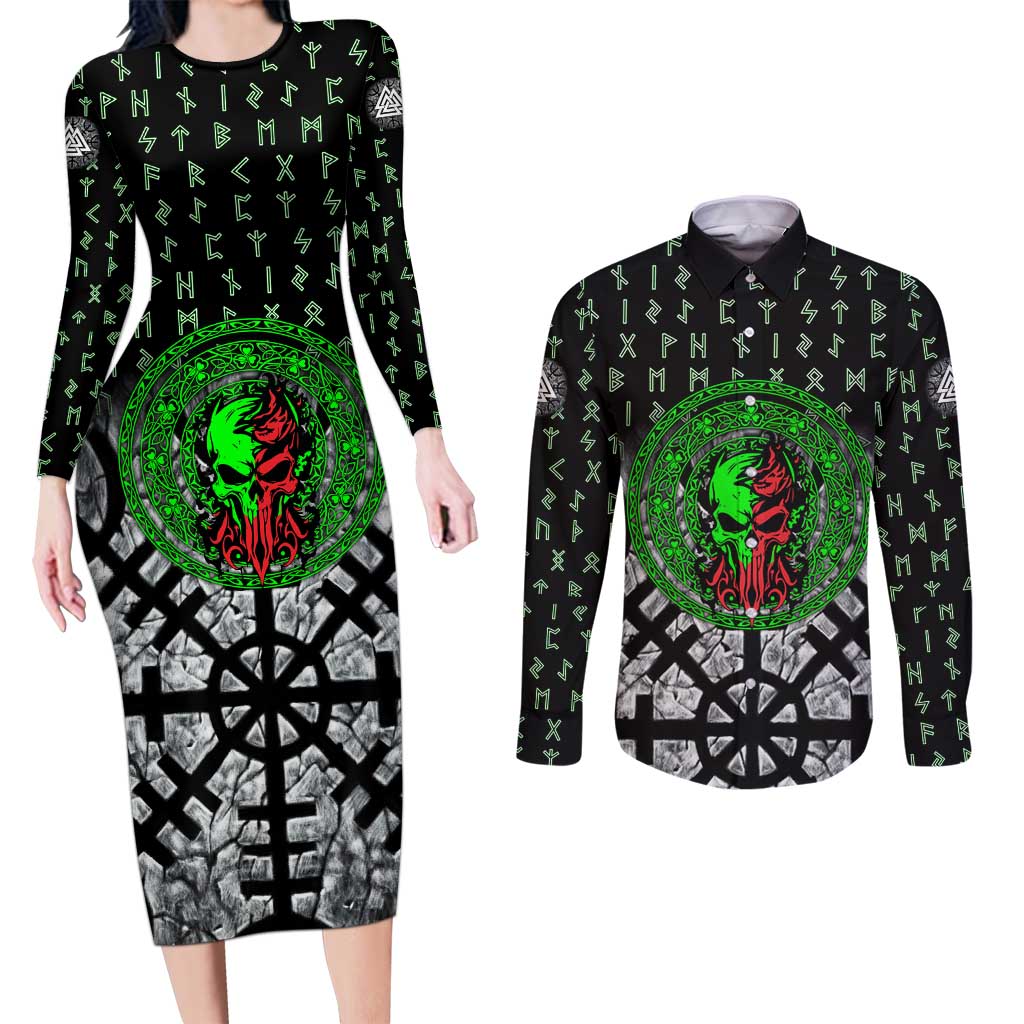 Flaming Skull Couples Matching Long Sleeve Bodycon Dress and Long Sleeve Button Shirt with Green Runes and Norse Symbols Viking Warrior Tribute - Wonder Print Shop
