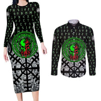 Flaming Skull Couples Matching Long Sleeve Bodycon Dress and Long Sleeve Button Shirt with Green Runes and Norse Symbols Viking Warrior Tribute - Wonder Print Shop