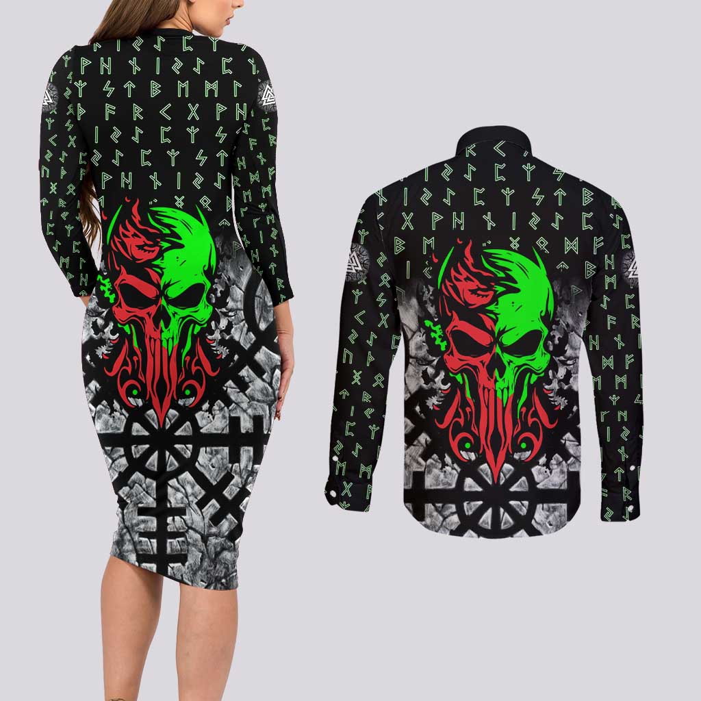 Flaming Skull Couples Matching Long Sleeve Bodycon Dress and Long Sleeve Button Shirt with Green Runes and Norse Symbols Viking Warrior Tribute - Wonder Print Shop