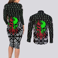 Flaming Skull Couples Matching Long Sleeve Bodycon Dress and Long Sleeve Button Shirt with Green Runes and Norse Symbols Viking Warrior Tribute - Wonder Print Shop