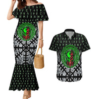 Flaming Skull Couples Matching Mermaid Dress and Hawaiian Shirt with Green Runes and Norse Symbols Viking Warrior Tribute - Wonder Print Shop